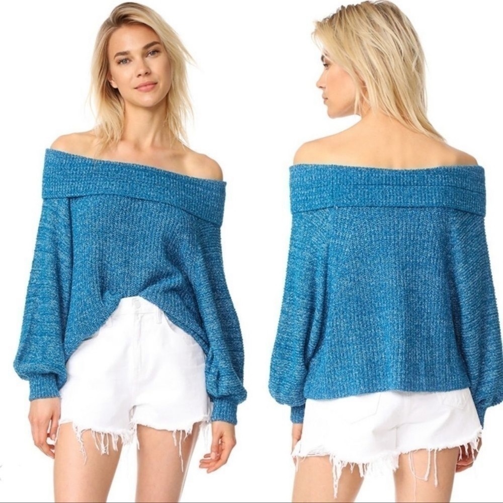 Free People Edessa In Blue Off Shoulder Heavy Knit Sweater